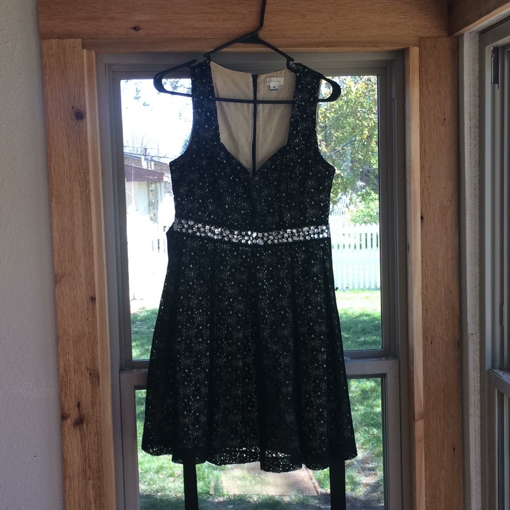 Vintage black lace dress with embellishment and ribbon